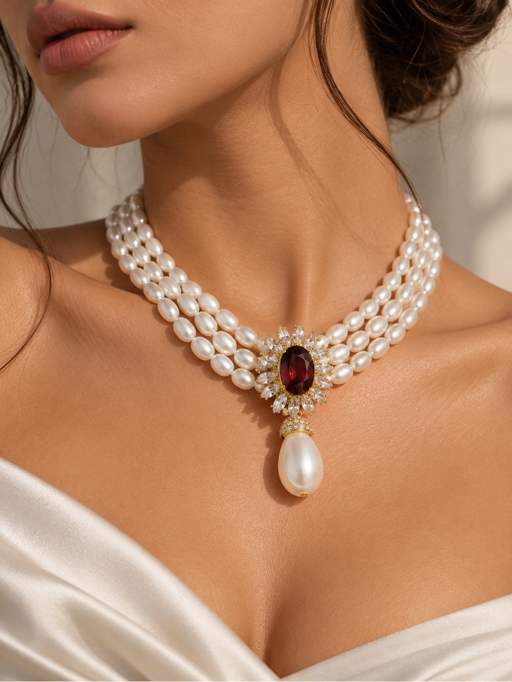 Triple-Strand Pearl Choker with Garnet Centerpiece